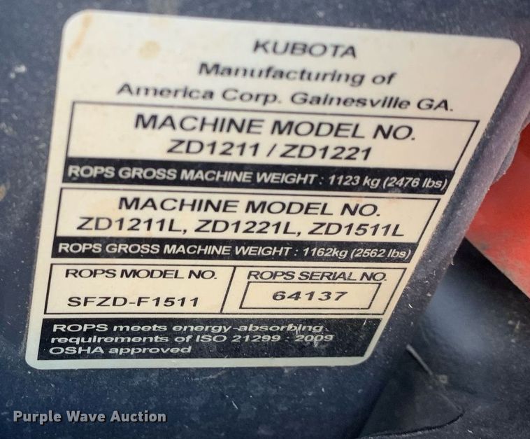 image for item JT9772 2023 Kubota  ZD1211 ZTR lawn mower