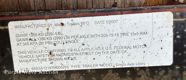 image for item NQ9739 2007 Maxey utility trailer