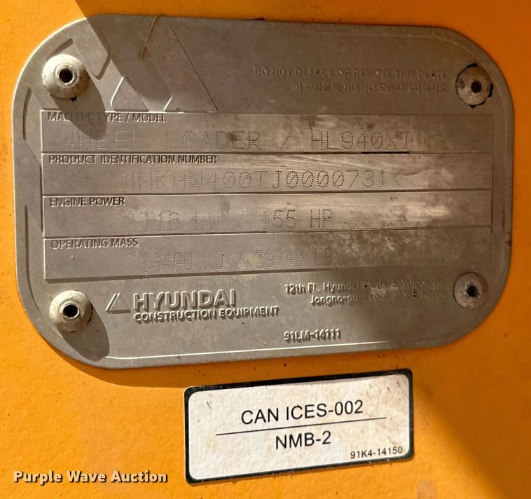 image for item DD3216 2018 Hyundai HL940XT wheel loader