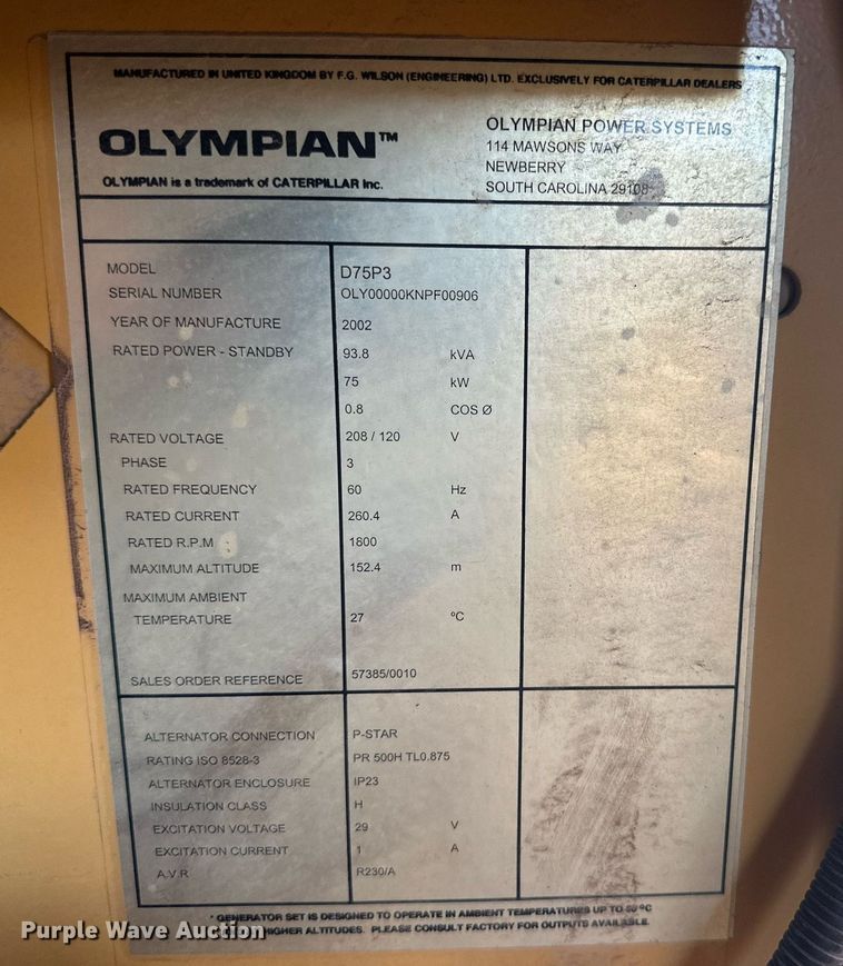 image for item DD3230 2002 Olympian  D75P3 generator