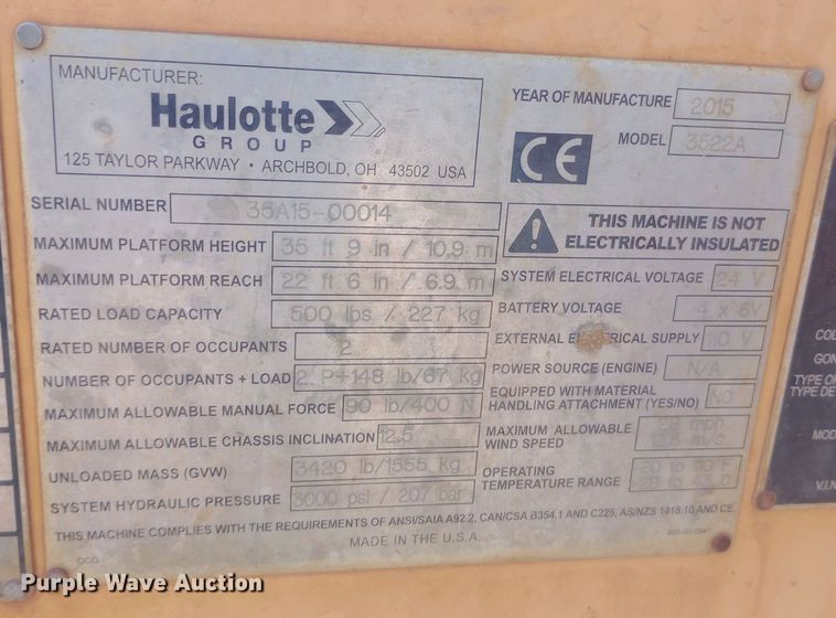 image for item DH1408 2015 Bil-Jax 3522A boom lift