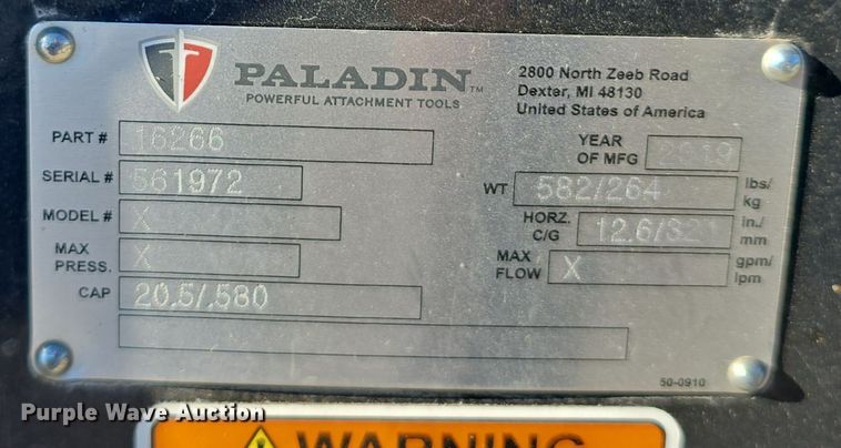image for item DO5522 2019 Bradco Paladin 16266 skid steer bucket
