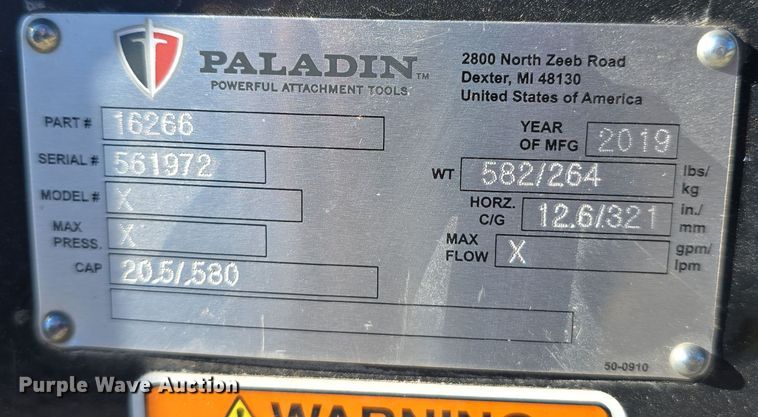 image for item DO5522 2019 Bradco Paladin 16266 skid steer bucket