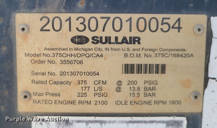 image for item DQ3633 2013 Sullair 375HH air compressor
