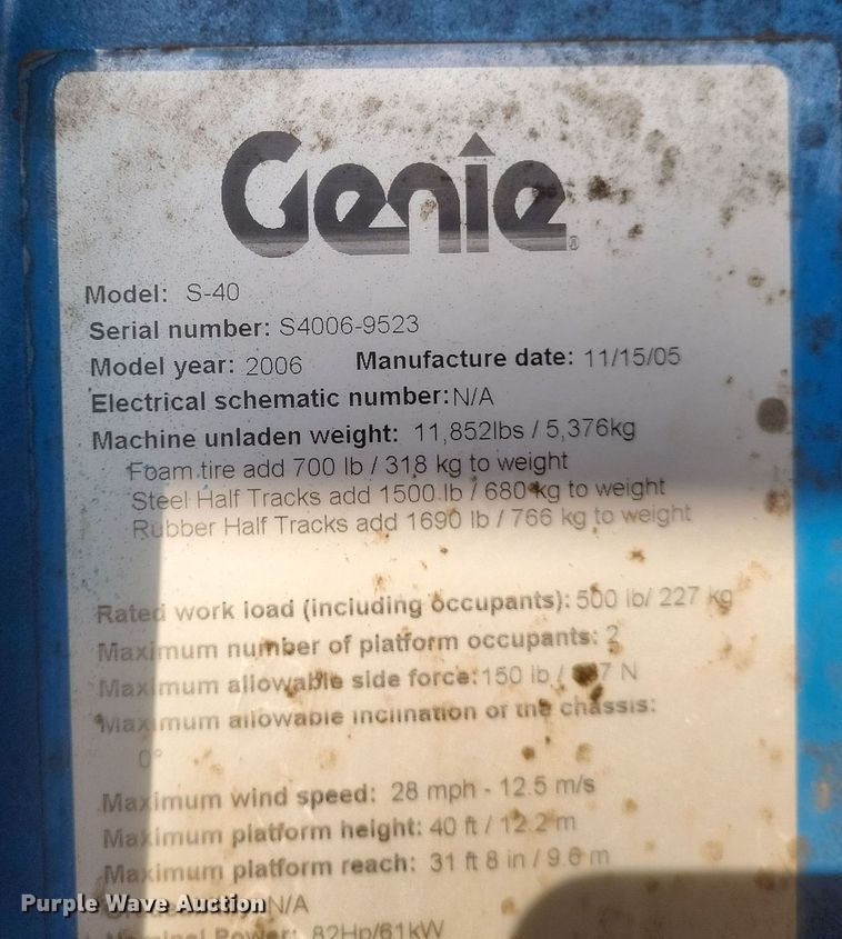 image for item DQ3681 2006 Genie S40 boom lift