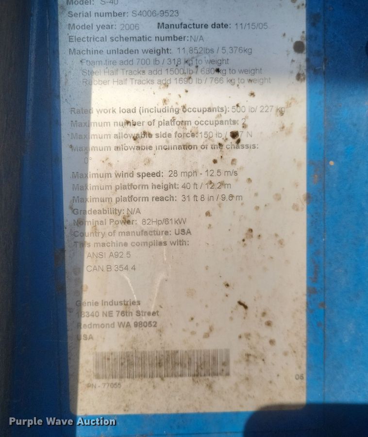 image for item DQ3681 2006 Genie S40 boom lift