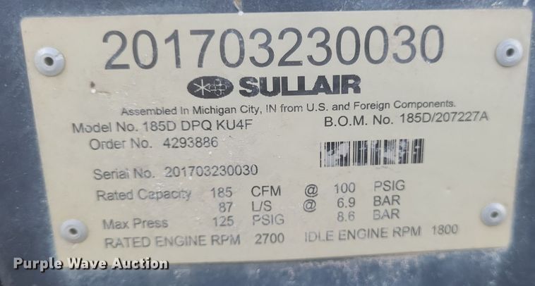 image for item DQ3683 Sullair 185 DPQ KU4F air compressor