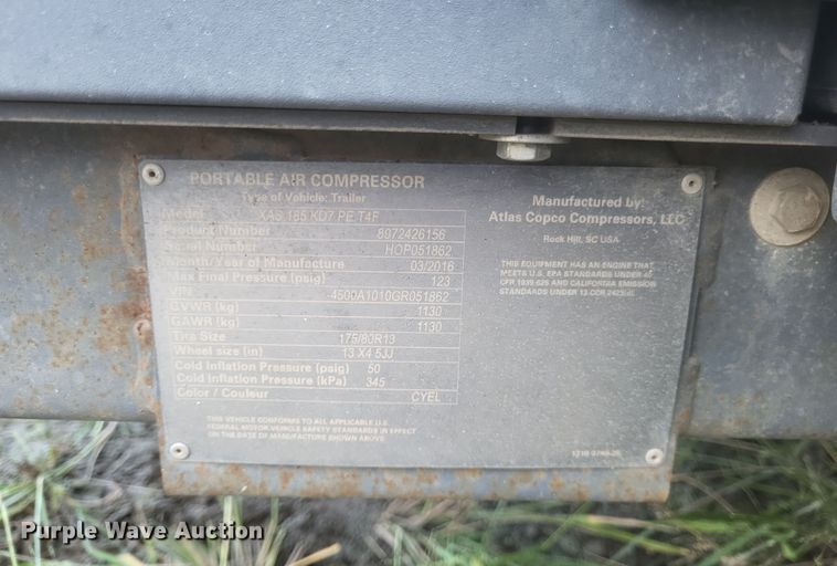 image for item DQ3684 2016 Atlas Copco XAS 185 KD7 PE T4F air compressor