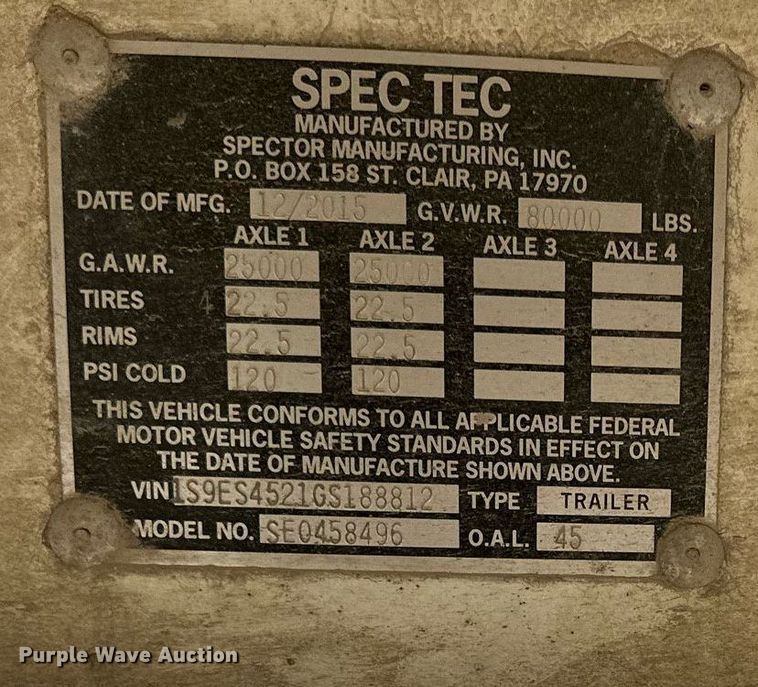 image for item DR2617 2016 Spector  SE0458496 ejector trailer