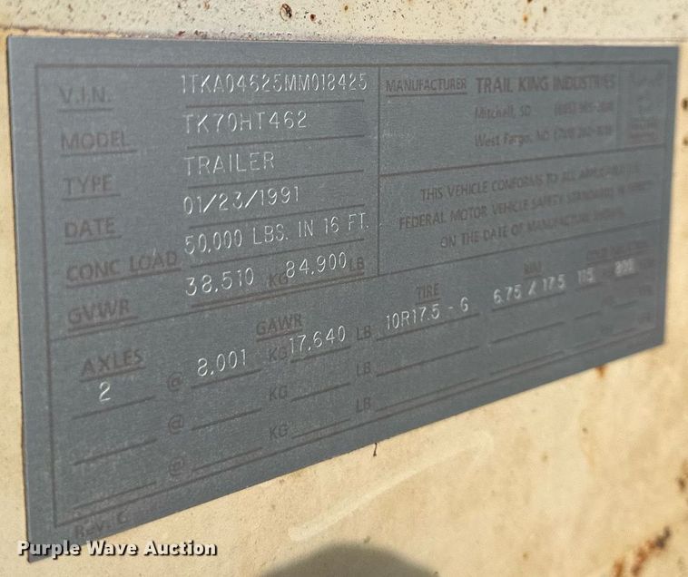 image for item DR2634 1991 Trail King  TK70HT462 drop deck hydraulic tail equipment trailer