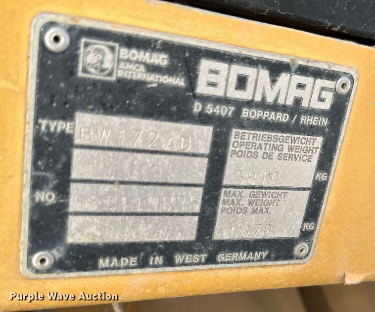 image for item DR2663 1992 Bomag BW172 single drum vibratory roller