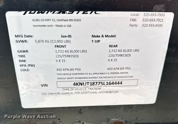 image for item DR2664 2005 Towmaster  T-10P equipment trailer