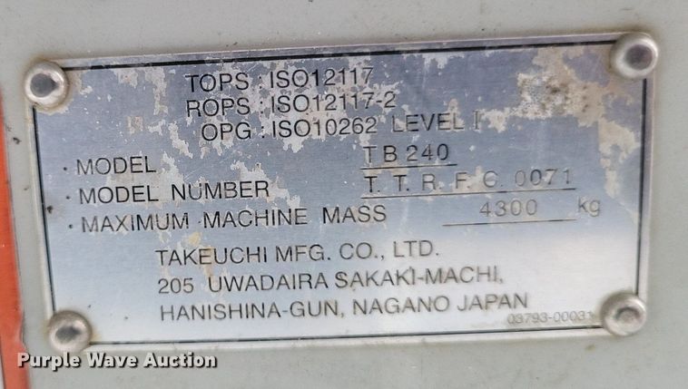 image for item DR4903 2017 Takeuchi  TB240 mini excavator