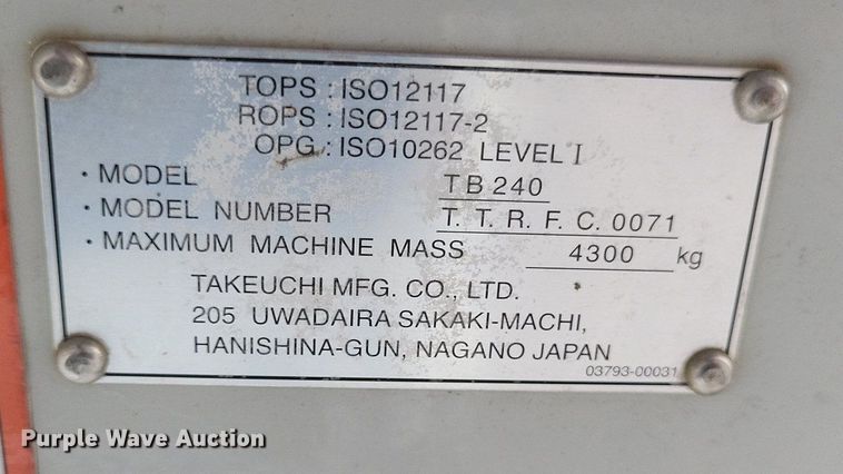 image for item DR4905 2017 Takeuchi  TB240 mini excavator