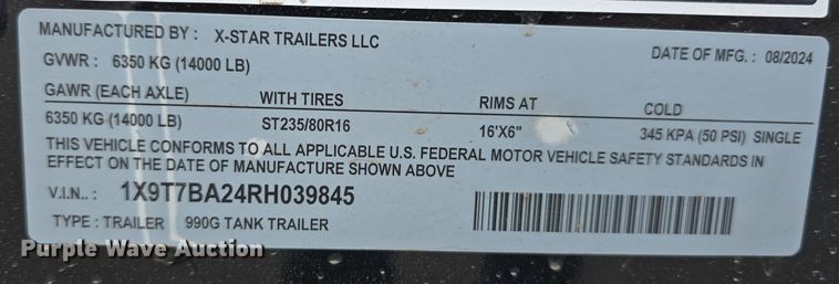 image for item DS4869 2024 X-Star Trailers LLC 990G fuel tank trailer