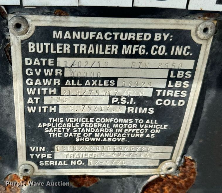 image for item DV5935 2012 Butler  FTW8350 equipment trailer