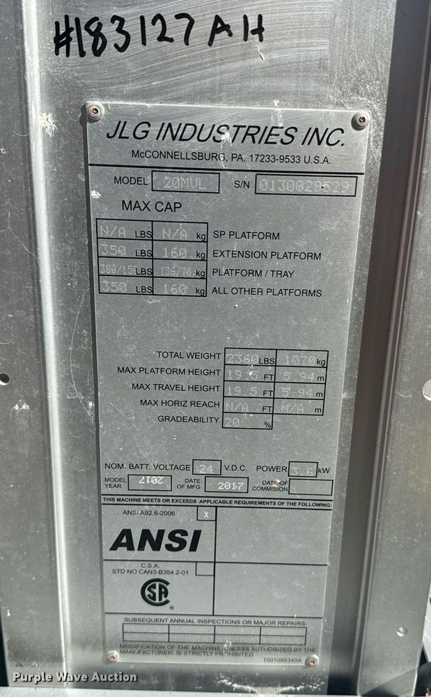 image for item EI4041 2017 JLG 20MVL vertical lift