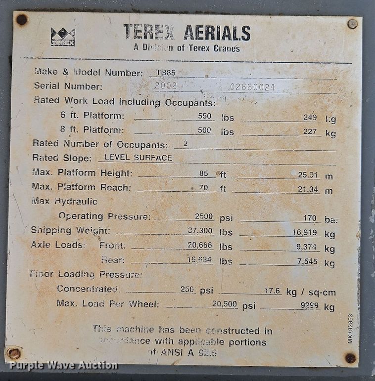 image for item EI8376 2002 Terex TB85 boom lift