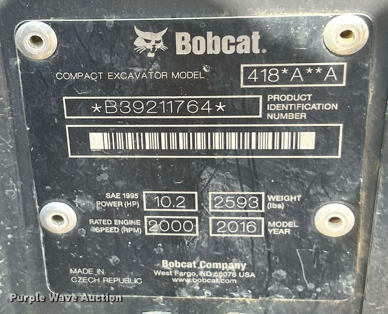 image for item EK3359 2016 Bobcat 418 AA mini excavator