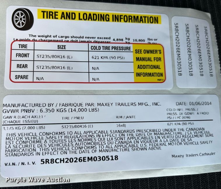 image for item LC9138 2014 Maxey equipment trailer