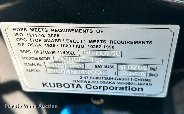 image for item MV9155 2020 Kubota  KX080-4S2 mini excavator