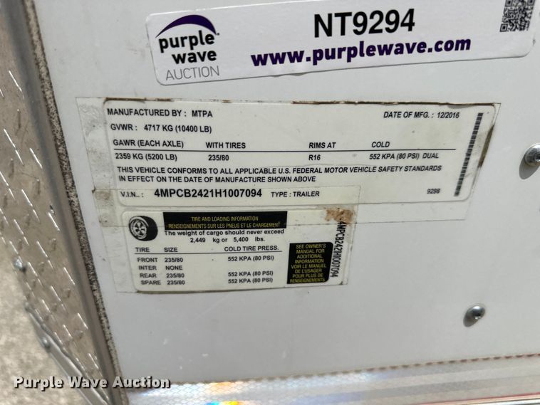 image for item NT9294 2017 MTPA enclosed cargo trailer