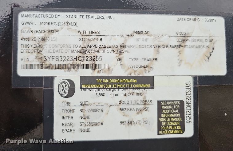 image for item NX9274 2017 Starlite 32TDGNLP equipment trailer 