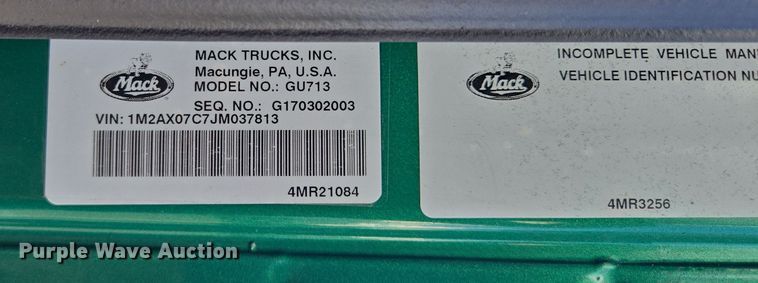 image for item OF9880 2018 Mack GU713 dump truck