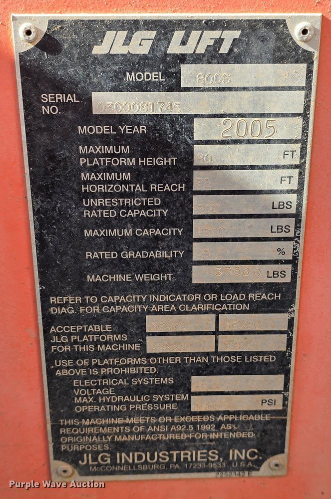 image for item OH9780 2005 JLG 800S boom lift