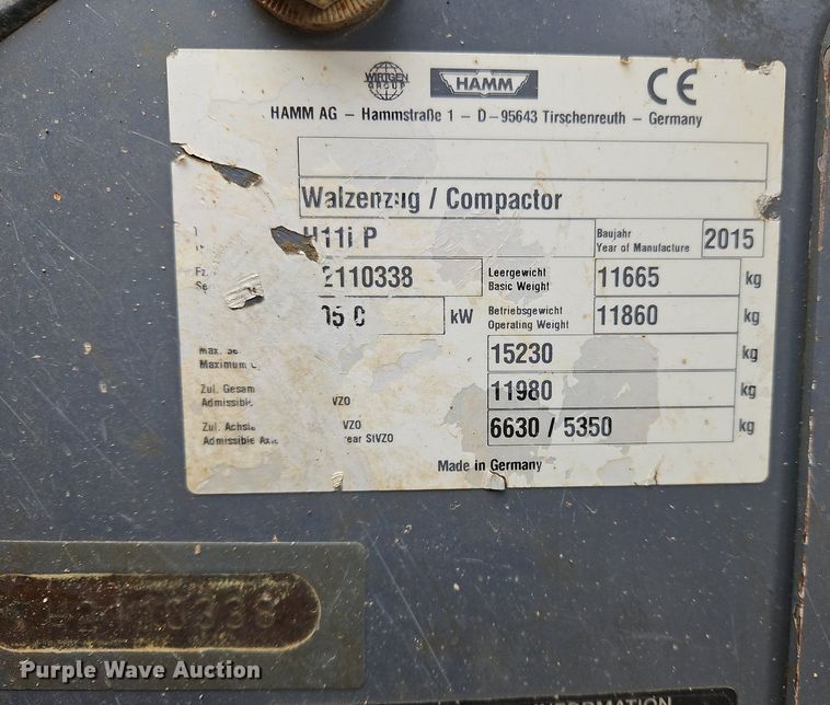 image for item OJ9855 2015 Hamm H11iP single drum vibratory roller