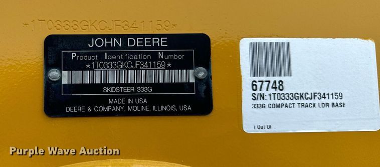 image for item YA0002 2019 John Deere 333G tracked skid steer loader