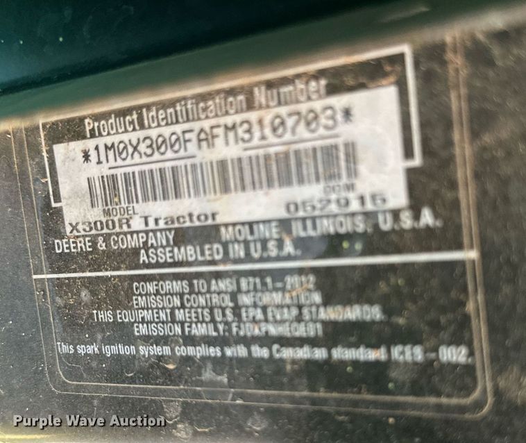 image for item DD3247 2015 John Deere X300R lawn mower