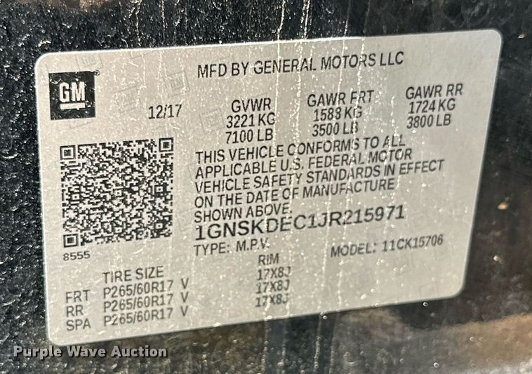 image for item DD3251 2018 Chevrolet Tahoe Police SUV