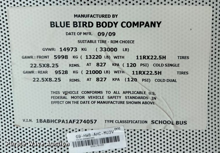 image for item DL0473 2010 Blue Bird All American school bus