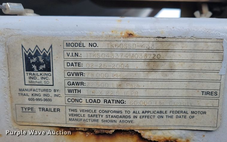 image for item DN3557 2004 Trail King TK60SSD-433 side dump trailer