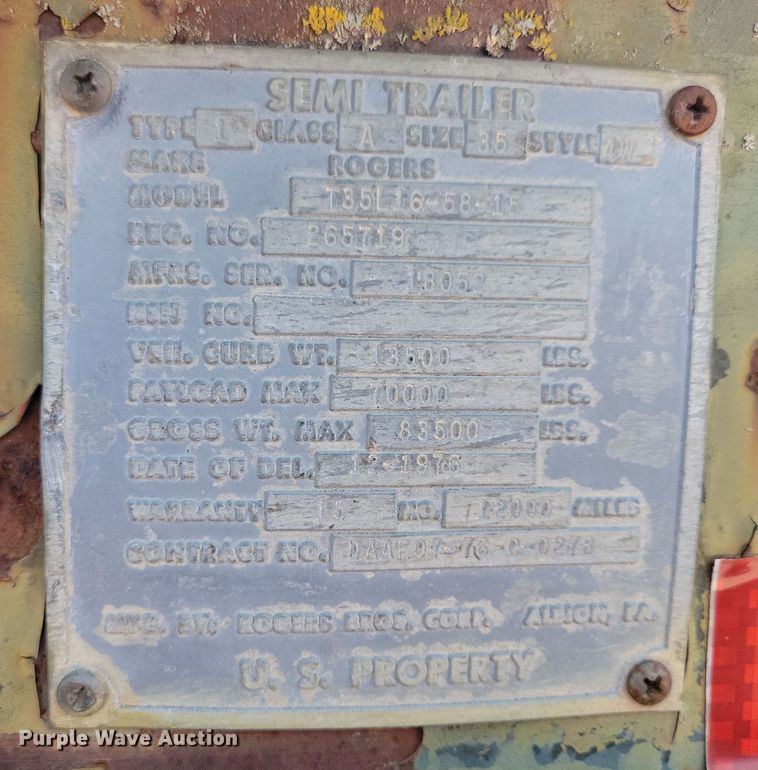 image for item DN3577 1976 Rogers T35L16-58-15 drop deck trailer