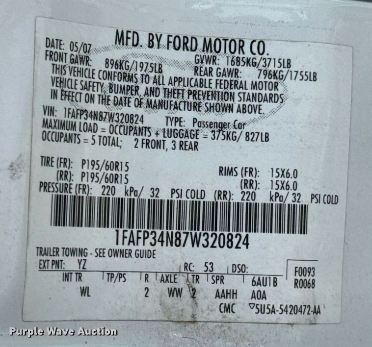 image for item DX1291 2007 Ford Focus SE 