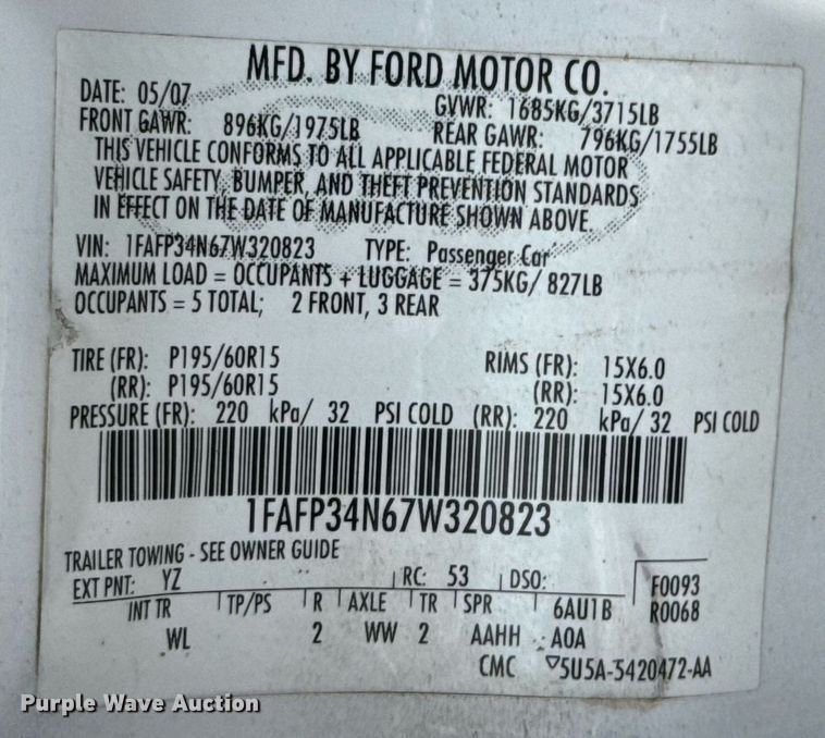 image for item DX1295 2007 Ford  Focus SE 