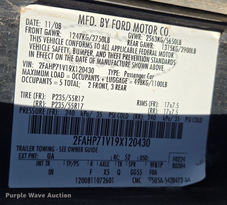 image for item EJ3040 2009 Ford Crown Victoria Police Interceptor 