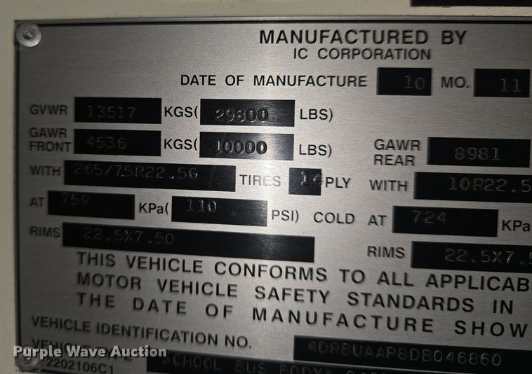 image for item EK2199 2013 IC PB10500 school bus