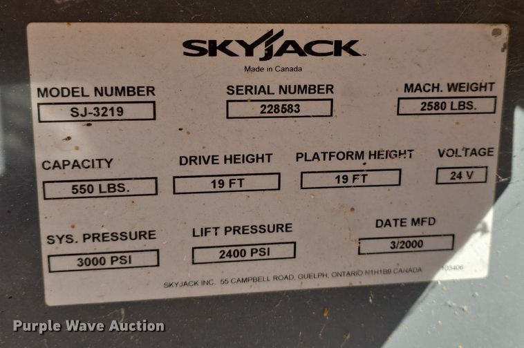 image for item EK2260 2000 Skyjack  SJ111 3219 scissor lift
