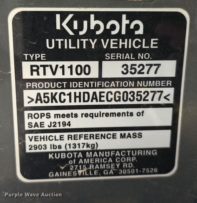 image for item IO9996 2012 Kubota RTV1100 utility vehicle