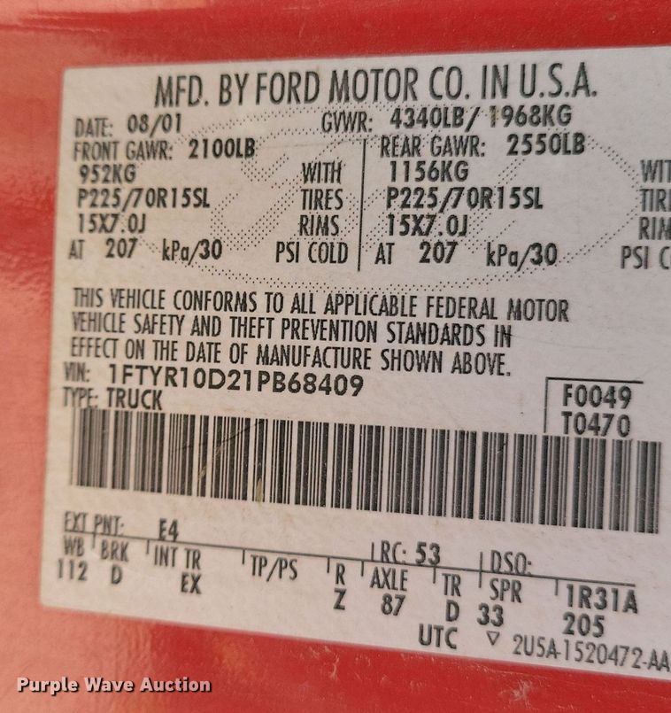 image for item JO9450 2001 Ford Ranger pickup truck