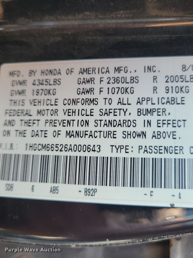 image for item JO9459 2006 Honda Accord 