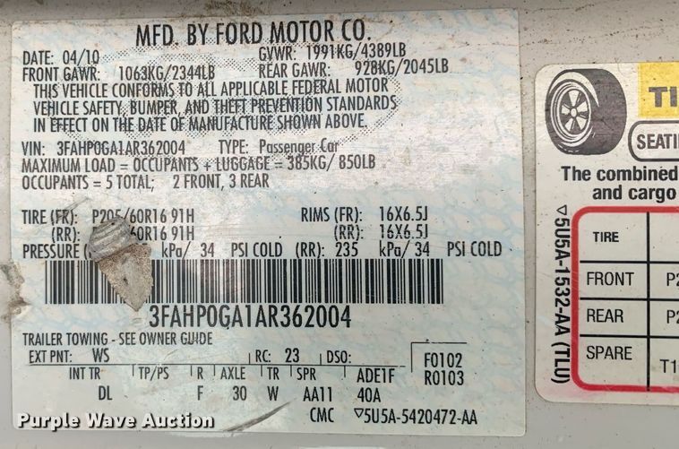 image for item JT9787 2010 Ford Fusion 