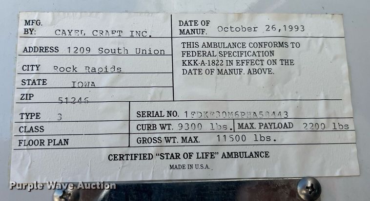 image for item LC9163 1993 Ford E350 ambulance