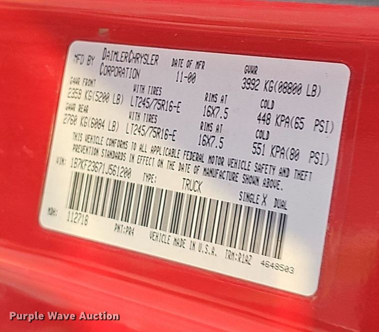 image for item LW9912 2001 Dodge Ram 2500 Laramie SLT Quad Cab pickup truck