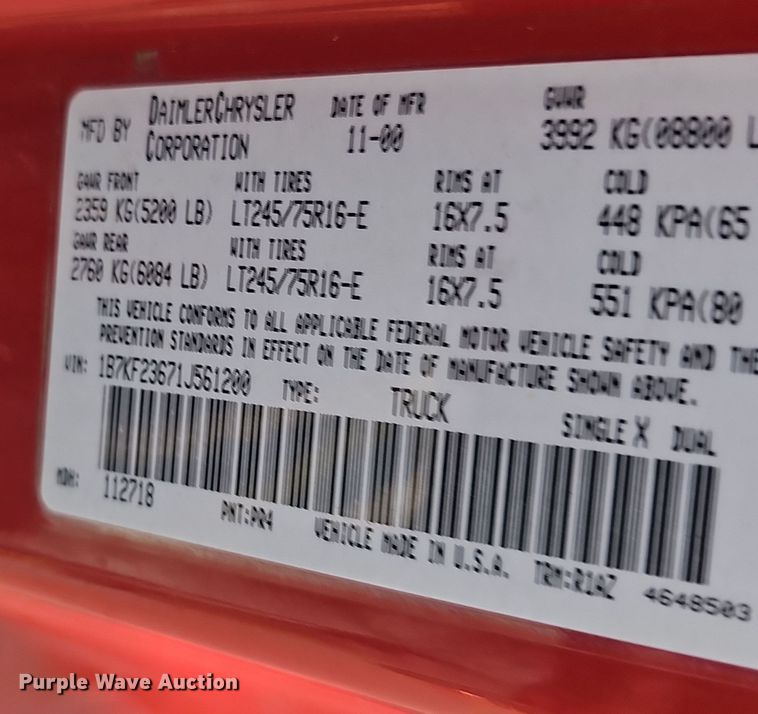 image for item LW9912 2001 Dodge Ram 2500 Laramie SLT Quad Cab pickup truck