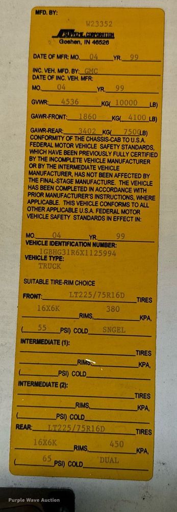 image for item MV9197 1999 Chevrolet  Express 3500 box truck