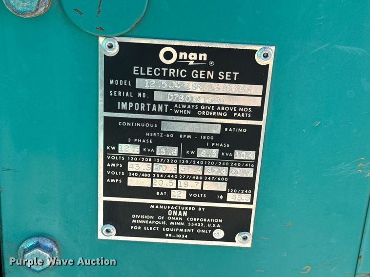 image for item MV9205 Onan 12.5JC-18R/16932AA generator